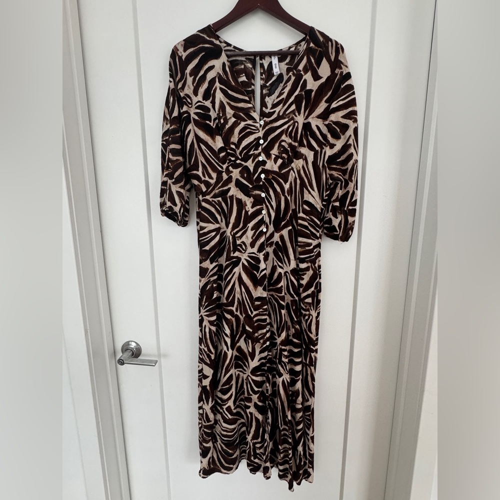 Mango Brown and Cream Leaf-Print Midi Dress - Picture 4 of 13